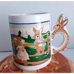 VTG Easter Mug Cup Anthropomorphic Bunny Rabbit Handle Easter Scene ArtMark